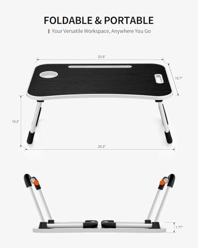 FISYOD Foldable Laptop Table, Portable Lap Desk Bed Table Tray, Laptop Stand with Cup Holder & Tablet Slot & Lifting Handle for Working Writing Drawing & Eating (Black Grain)