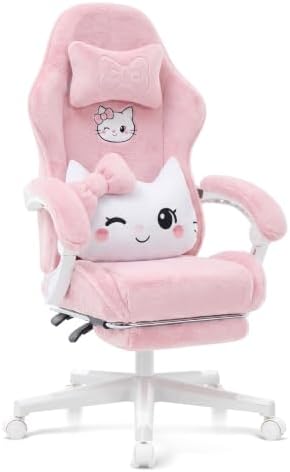 Pink Cat Gaming Chair,Ultra Soft Cute Microplush Fleece Office Desk Chair