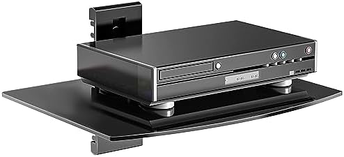 suptek Glass Floating Shelf, 1 Tier Media Shelf for TV Accessories, Flat Black Wall Mount Bracket, 17.6lbs Weight Capacity, Quick Installation, Cable Management, Custom Style, Backless