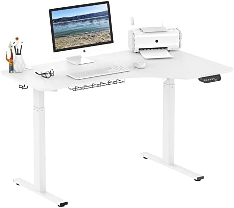 SHW 55-Inch Large Electric Height Adjustable L-Shaped Standing Desk, White