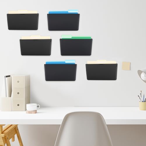 EASEPRES 6 Pack Black Plastic Single Pocket Hanging File Organizer, Wall Mount Paper Mails Magazines Holder, Mounted Folder Bins for Office School and Home, 12.99x4.13x7.48 inches