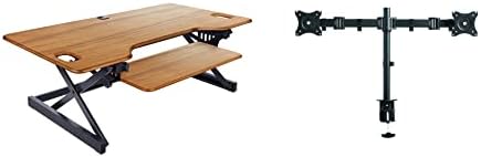 Rocelco 46" Large Height Adjustable Standing Desk Converter with Double Monitor Mount BUNDLE - Sit Stand Up Computer Workstation Riser - Retractable Keyboard Tray - Teak Wood Grain (R DADRT-46-DM2)