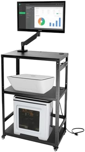 AV Cart with Monitor Mount, Height Adjustable Media Cart with Wheels and Power Strip, Rolling Workstation for Office, Classroom & Warehouse, Steel Presentation Stand for Projector, Laptop & Printer