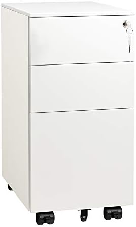 DEVAISE Slim File Cabinet with Lock, 3 Drawer Mobile Filing Cabinet for Legal/Letter/A4 Size, Fully Assembled Except Wheels, White