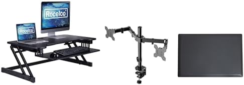 Rocelco 37.5" Deluxe Height Adjustable Standing Desk Converter with Dual Monitor Mount and Anti Fatigue Mat BUNDLE - Sit Stand Up Computer Workstation Riser - Keyboard Tray - Black (R DADRB-DM2-MAF)
