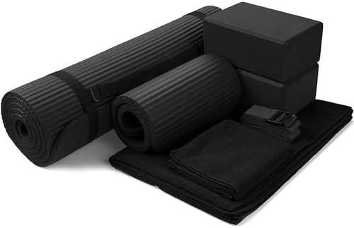 BalanceFrom 7-Piece Yoga Set with 71x24x0.5 Inches Extra Thick Mat and Carrying Sling – Includes 2 Blocks, Stretch Strap, 2 Towels, and Knee Pad for Home, Studio, and Gym Workouts