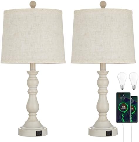 23'' Table Lamps Set of 2, Lamps for Bedroom, USB C+A Ports, Beige
