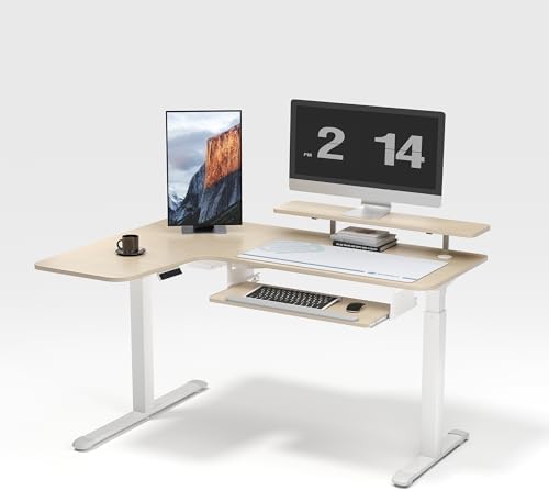 EUREKA ERGONOMIC 55 Inch L Shaped Electric Standing Desk, Height Adjustable Computer Gaming Desk with Keyboard Tray, Mouse Pad, Home Office Work, Maple Wood, Left Side