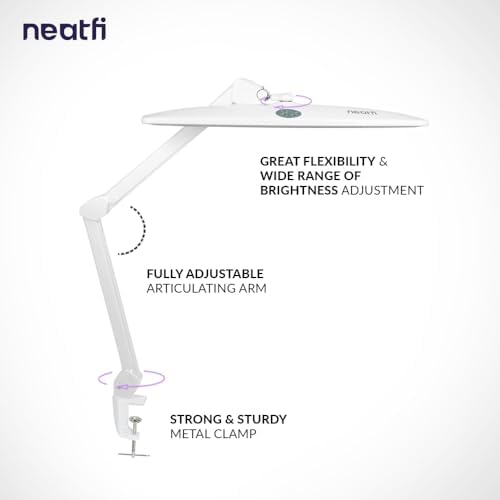 Neatfi Elite HD XL Task Lamp | 22-Inch Wide | 2,260 Lumens | 3 Color Temperature Modes | Non-Polar Dimming Desk Lamp (White-2, CCT with Clamp)