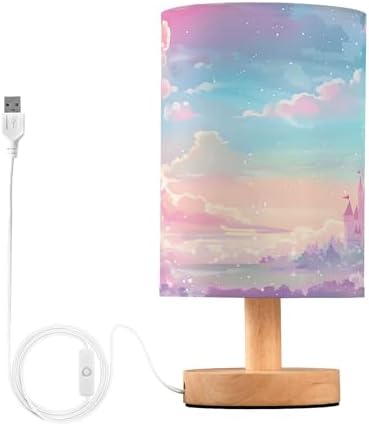 Bedside Lamp Princess Castle Pink Sky Table Lamp for Bedroom LED Nightstand Lamp Shade USB Ports Wood Base for Living Room Dorm Office