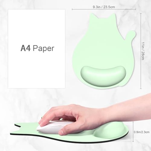 Ergonomic Mouse Pad with Wrist Rest, Cute Cat Memory Foam Padded Pain Relief Non-Slip Wrist Support Mouse Mat for Gaming Work Computer Laptop, Funny Office Supplies Desk Accessory, Lake Green