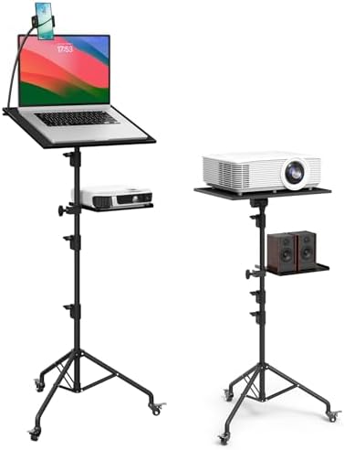 Projector Stand Tripod Laptop Tripod with Wheels & Adjustable Height Portable Podium Stand with Phone Holder Projector Holder for Home, Office, School & DJ Matte Black