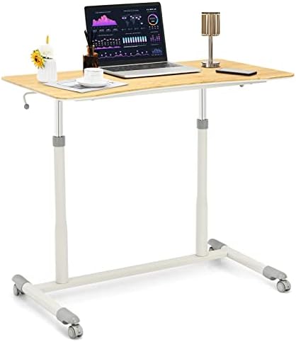 COSTWAY Mobile Height Adjustable Standing Desk, Compact Pneumatic Sit to Stand Computer Desk w/Lockable Casters, Ergonomic Rolling Laptop Table w/Steel Frame for Home Office (Natural)