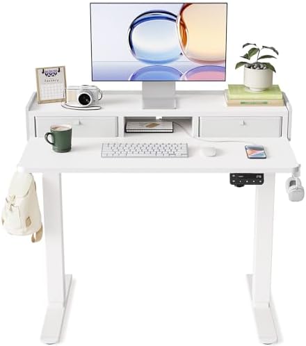 YIHAYO Electric Standing Desk with Drawers, 40 x 24 Inches Adjustable Desk with Storage Shelf, Stand Up Desk with Splice Board, Computer Table for Home Office,White Frame/White Top