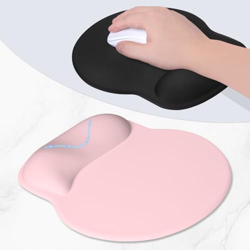 ITNRSIIET Ergonomic Mouse Pad with Wider Memory Foam Wrist Rest +17%, Curved Cushion Reduces Pressure 20%, Pain Relief, Non-Slip, Smooth, Cute Color Desk Accessory, 9.9 x 9 inch, Blush Pink