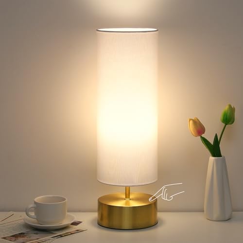 3-Way Dimmable Table Lamp, Touch Control Gold Bedside Lamp with White Shade