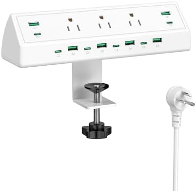 Jgstkcity 90W Desk Clamp Power Strip,12 USB Ports (6 PD 45W USB-C),Surge Protector,ETL Listed Power Hub Extension Cord,Fast Charging Station for Home Office Desk Edge Mount (White, 12 USB-90W)