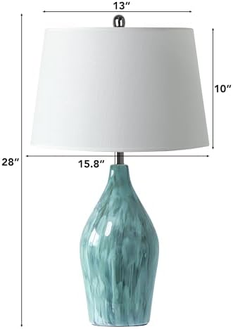 QiMH 28" Ceramic Table Lamp, 3 Color Temperatures Lamp for Bedroom with Memory Function, Nightstand Lamp with Linen Shade, Modern Glaze Bedside Lamp for Living Room, Teal, 2700K LED Bulb Included