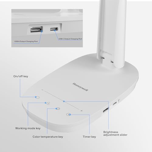 Honeywell HWT-H2 LED Desk Lamp, Eye-Caring Full Spectrum, USB Charging