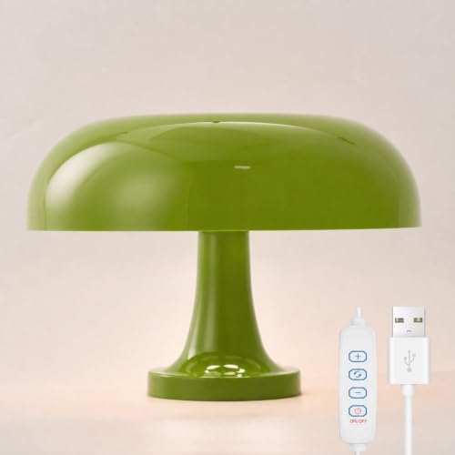 Modern Decorative Table Lamp, Mushroom Cap Design, USB Powered, 3 Lighting Modes, Dimmable, for Bedroom, Living Room Decor, Polished Plastic, Push Button Control, Adjustable Brightness - Green