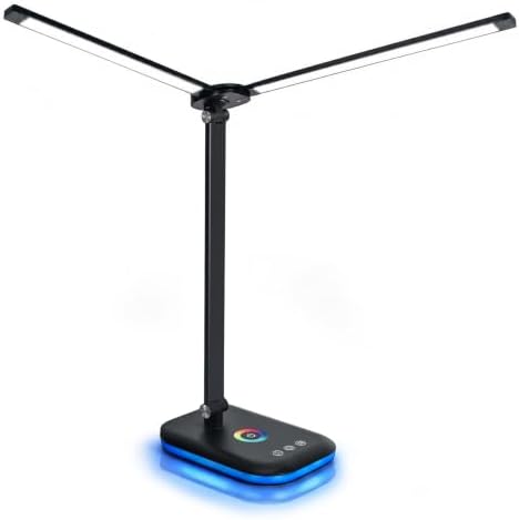 LED Desk Lamp with RGB Ambient Light, Dual Head Dimmable Desk Lamp with 5 Color Modes, USB-C Modern Table Lamp for Home Office, Bedroom & Desk Setup