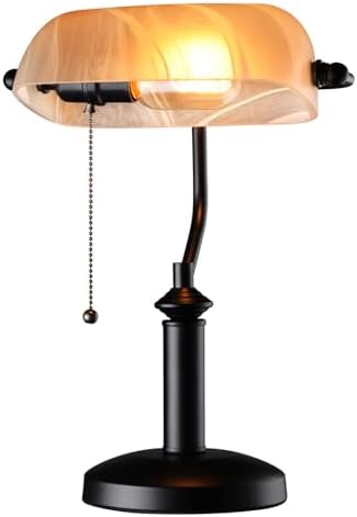 TORCHSTAR Pale Yellow Glass Bankers Desk Lamp with Pull Chain, E26 Base
