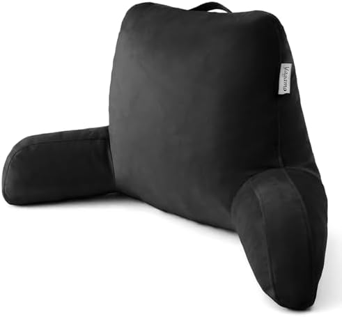 Reading Pillow for Bed Sitting Up, Adults and Teens Backrest with Arms, Velvet Back Support Pillow for Sitting on Sofa, Couch with Washable Cover- Standard, Black