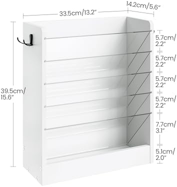 CHOEZON Wall File Holder, 6-Tier File Organizer, Office Supplies Storage Rack, Versatile Desktop Organizer, with Detachable Shelves, with Side Hooks, for Living Room, Study, Home Office, White MWJ02WB