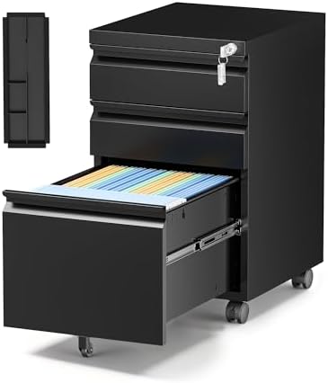 3 Drawer Mobile File Cabinet with Lock,Under Desk Rolling File Cabinet for Home Office Fits Legal/Letter/A4 File (Unassembled,Black)