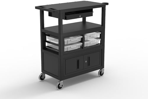 A-to-Z 289-ECMBSKBC-B Luxor 32" x 18" Deluxe Teacher Cart – Locking Cabinet, Storage Bins, Retractable Keyboard Tray, Pocket Chart Hooks, Cup Holder, Ergonomic Handle, Mobile Design, 4" Casters