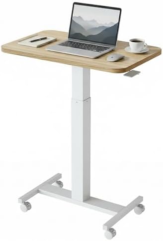 HUANUO Small Rolling Laptop Standing Desk, Height Adjustable Mobile T-Base Desk with Lockable Casters, Portable Sit-Stand Workstation for Bedside & Sofa, Light Walunt