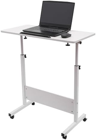 Adjustable Height Standing Desk 32-47", 24"Writable Tempered Glass Desktop with Eraser, Lockable Wheels & Storage Bag, Portable Mobile Sit Stand Laptop Desk for Small Spaces Home Office White