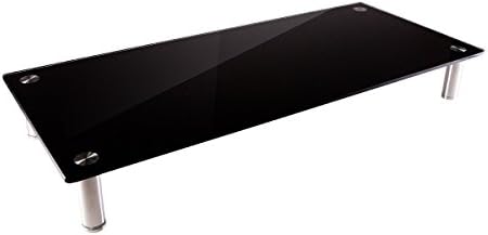 Monoprice Medium Multimedia Desktop Stand, Black Glass (27.6" x 12.2" x 3") - Stand & Riser, Laptop Stand, Desktop TV Stand, Dual Monitors w/ Height Adjustable Legs - Workstream Collection (116360), 25.6" x 11.0"
