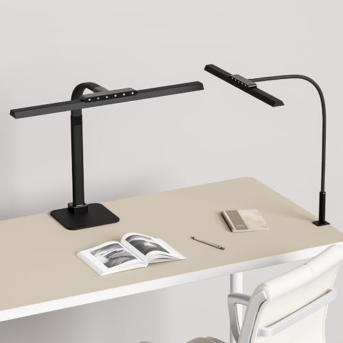 Black LED Desk Lamp, 24W Anti-Glare Eye-Caring Computer Light, Flexible Desk Light with Gooseneck, Memory Function with Auto-Dimming, Kids Desk Lamp with Clamp Base for College Dorm Room