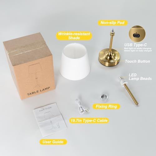 Kakanuo Cordless Table Lamp, Rechargeable Battery Operated, Brass, 1 Pack