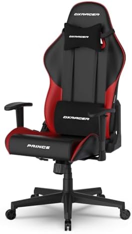 DXRacer Prince Series L Gaming Chair - Reclining, Ergonomic & Comfortable Computer Chair with 2D Armrest, Wing-Shaped Seat Base & Headrest Pillow Faux Leather (Faux Leather, Black & Red)