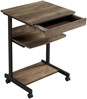 Yaheetech Tiny Mobile Computer Desk,3-Tier Rolling Cart Drawer,Taupe Wood