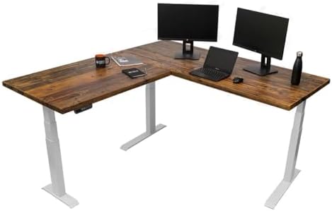 Stand Up Desk Store Reclaimed Wood Electric L-Shaped Corner Standing Desk with EZ Assemble Frame (White Frame/Natural Fir Top, 71" W x 71" D)