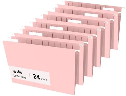 ViVin Hanging File Folders 24 Pack,Letter Size with 1/5-Cut Adjustable Tabs, Pink, Reinforced File Organizer for Office Desk, Home Filing Cabinet & School Drawer
