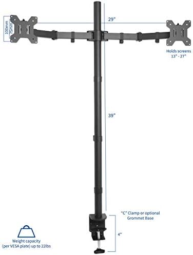 VIVO Dual Monitor Stand Up Desk Mount Extra Tall 39 inch Pole, Fully Adjustable Stand for up to 27 inch Screens, Black, STAND-V012
