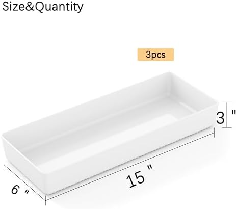 3 Pack White Large Size Plastic Drawer Organizer Tray Cutlery Utensil Makeups Drawer Organizers 15" X 6"