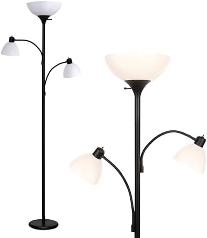Brightech Sky Dome Double LED Floor Lamp, Torchiere Super Bright Floor Lamp with 2 Reading Lamps for Living Rooms & Offices - Dimmable Tall Standing Lamp for Bedroom Reading - Tall Black Pole