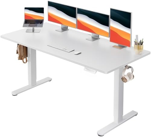 HUANUO Electric Standing Desk, Whole Piece Desktop, Adjustable Height Computer Desk, 4 Height Memory Settings, Sit Stand Up Desk for Home Office, 60" x 24", White