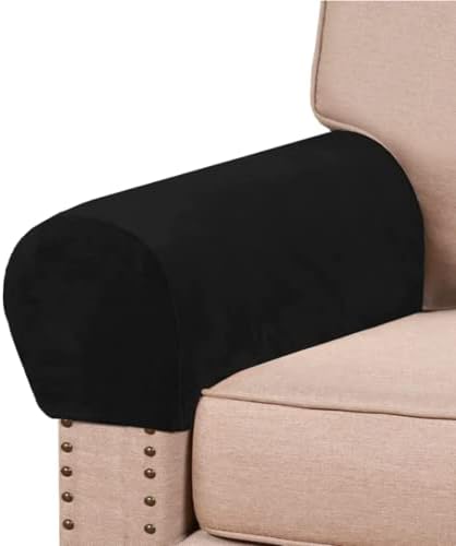 2 Pack Velvet Stretch Armrest Covers - Non Slip Sofa Chair Covers, Soft Elastic Arm Protectors for Living Room Couch, Office Chair, Recliner (Black)