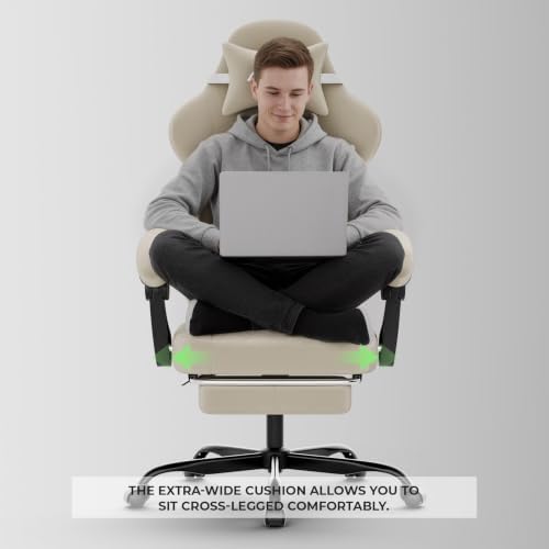 Ergonomic Gaming Chair Video Gamer Chairs Gaming Computer Chairs Gamer Chairs for Adults Massage Lumbar Support Swivel Height Adjustable Headrest Backrest Beige