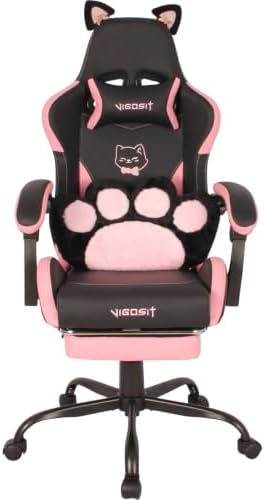 VlGOSlT Cat Ear Gaming Chair with Footrest - Adjustable Lumbar Support, 310lbs Capacity.Removable Cute Ears, Cotton-Filled Ergonomic Computer Chair for Girls/Teens (Black)