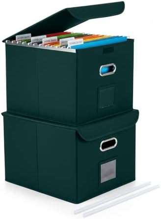 File Organizer Box with Lid (Dark Green, 14.9 x 12.59 x 10.8 inch, 2-Pack)