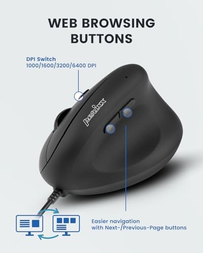 Perixx PERIMICE-508II Wired Vertical Ergonomic Mouse - 6 Buttons, Adjustable DPI 1000/1600/3200/6400, Optical Sensor, USB Plug and Play, Right-Handed, Black