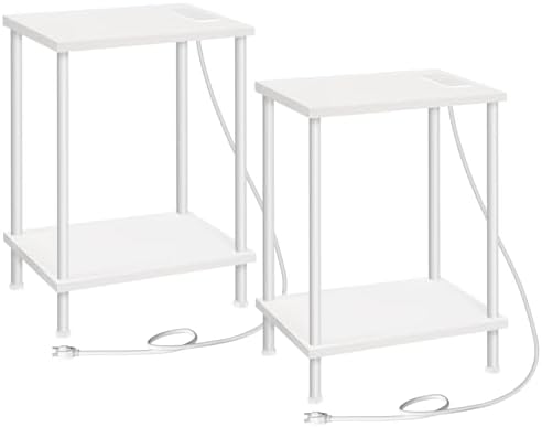 HOOBRO Side Table with Charging Station, Set of 2 End Tables with USB Port and Outlets, Nightstand with 2-Layer Storage Shelves for Small Spaces, Living Room, Bedroom, White WW09UBZP201