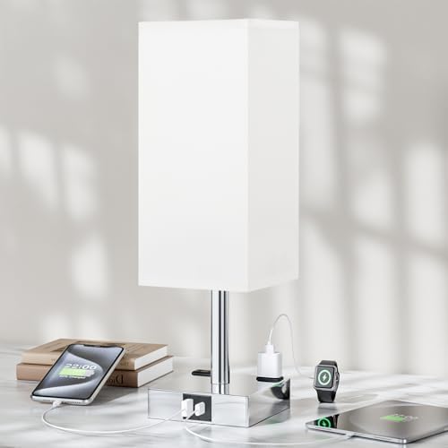 White Touch Table Lamp for Bedroom - Dimmable, USB C+A, 2 AC Outlets